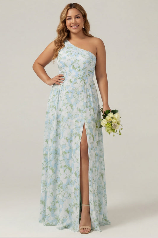 One Shoulder Blue and White Floral Print Plus Size Sheath Bridesmaid Dress with Slit