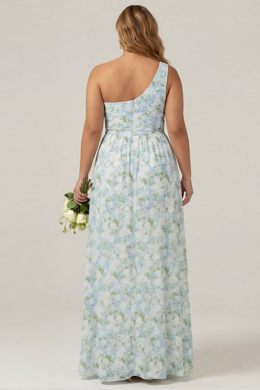 One Shoulder Blue and White Floral Print Plus Size Sheath Bridesmaid Dress with Slit