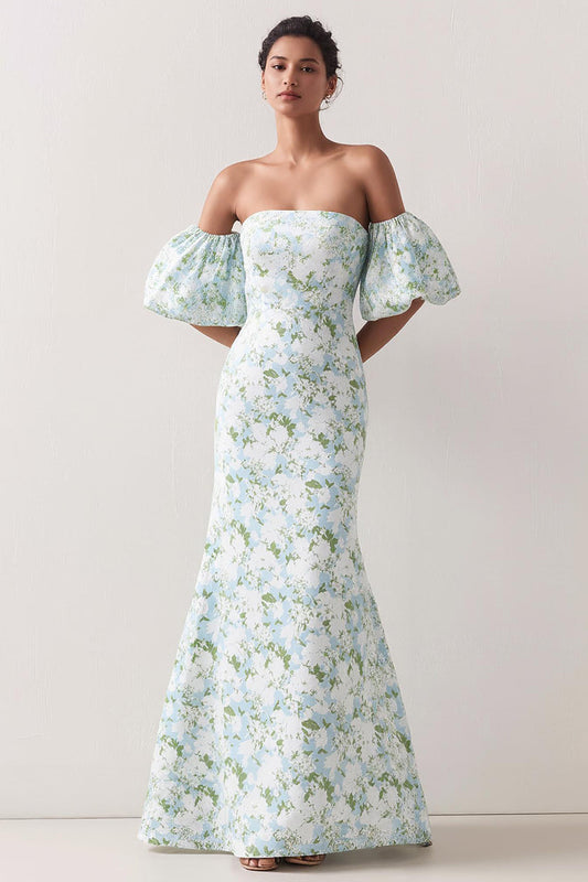 Blue White Flower Mermaid Strapless Satin Convertible Dress with Removable Sleeves