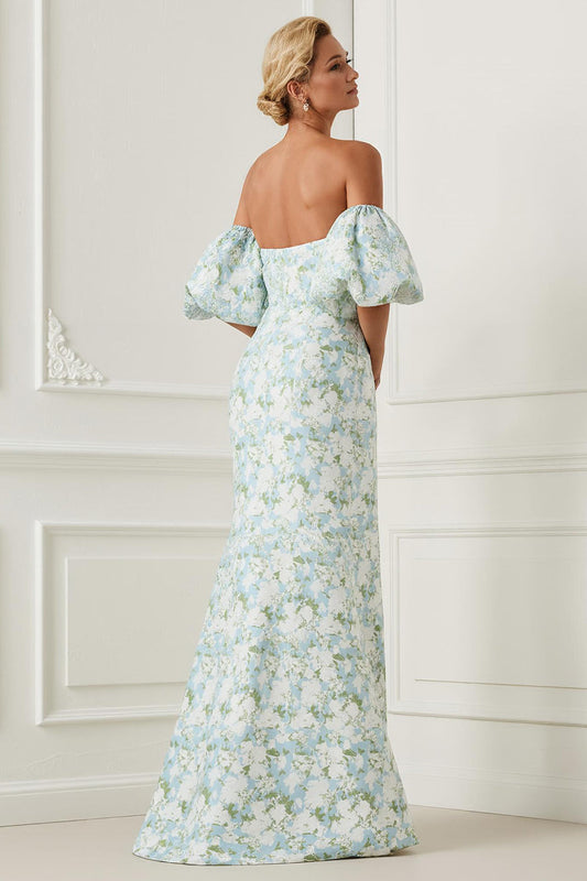 Blue White Flower Mermaid Strapless Satin Convertible Dress with Removable Sleeves