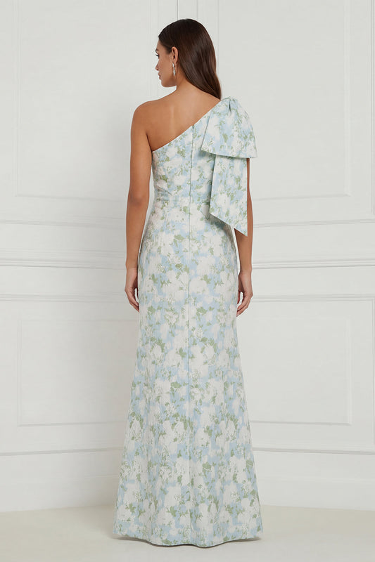 Robe longue de demoiselle d'honneur asymétrique à imprimé sirène à fleur bleue et blanche avec nœud