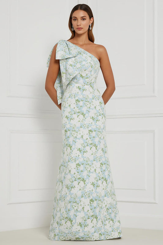 Robe longue de demoiselle d'honneur asymétrique à imprimé sirène à fleur bleue et blanche avec nœud