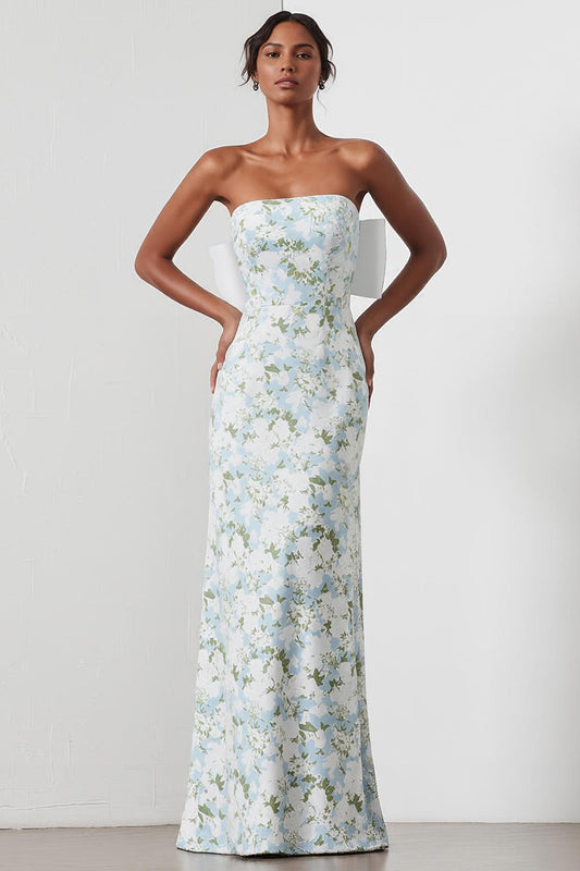 Sheath Strapless Blue White Flower Satin Long Bridesmaid Dress with Back Bow