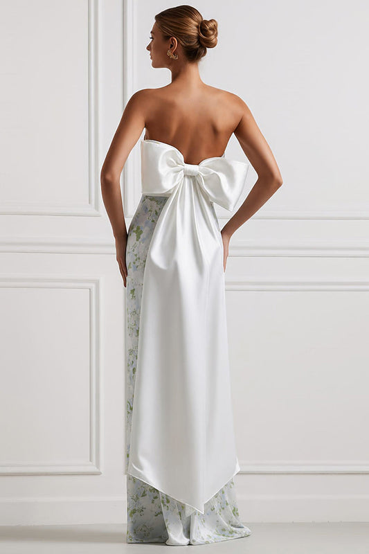 Sheath Strapless Blue White Flower Satin Long Bridesmaid Dress with Back Bow