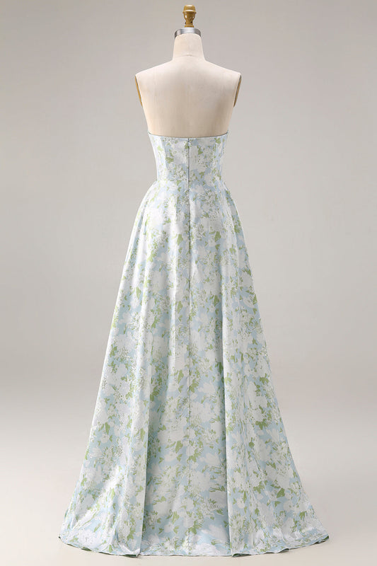 Robe longue en satin ligne A, bustier, imprimé fleuri bleu et blanc avec poches