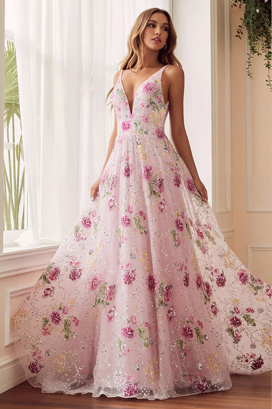 Robe de bal longue avec perles, col en V, dos ouvert, coupe trapèze, fleur rose