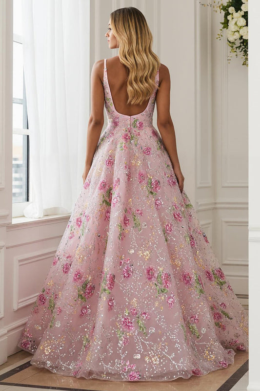 Robe de bal longue avec perles, col en V, dos ouvert, coupe trapèze, fleur rose