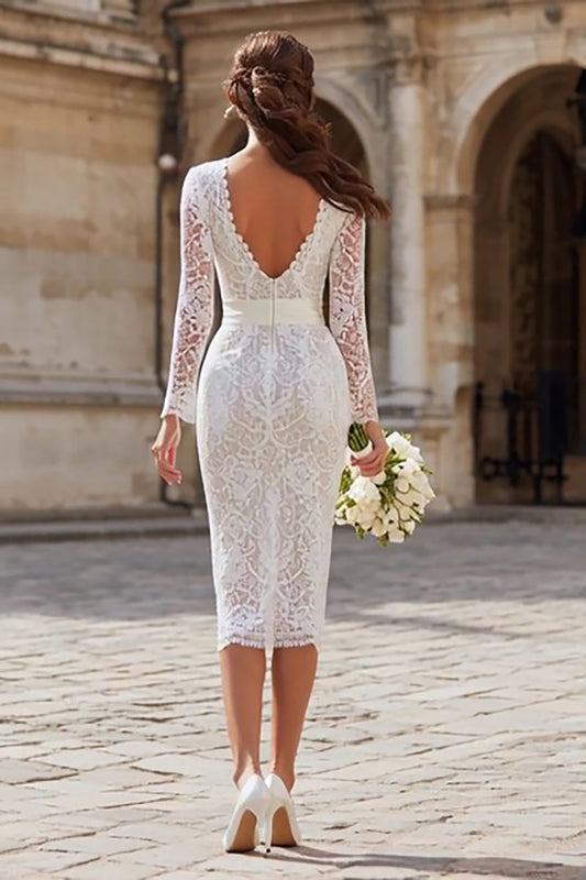 Robe de fiançailles mi-longue fourreau à manches longues en dentelle ivoire avec ceinture