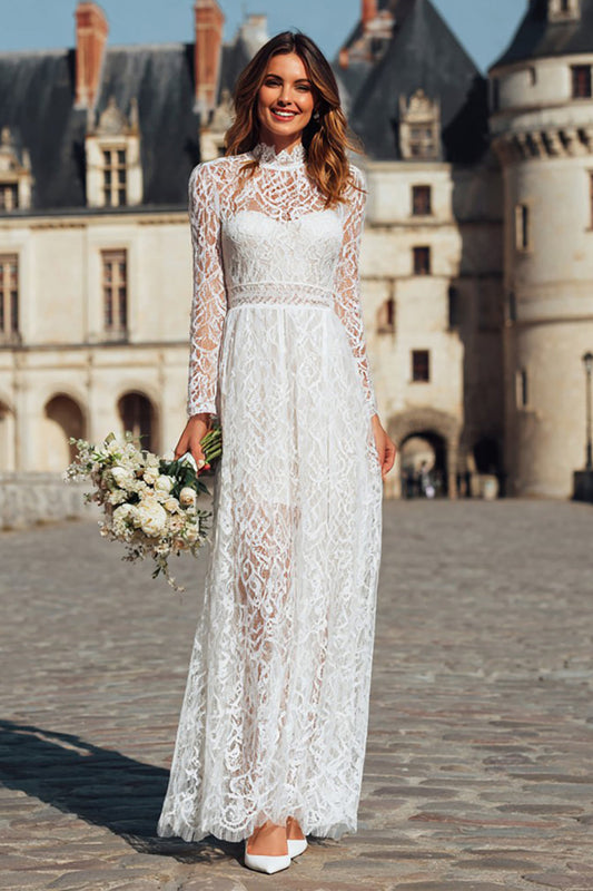 Robe de fiançailles à col montant en dentelle ivoire à manches longues