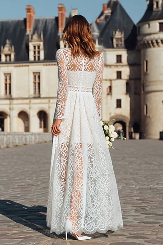 Robe de fiançailles à col montant en dentelle ivoire à manches longues