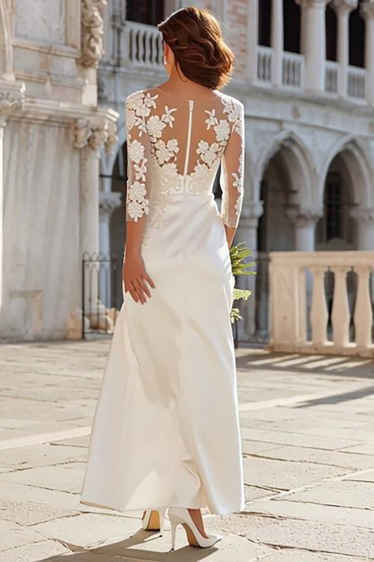 Ivory Satin Mermaid 3/4 Sleeve Engagement Dress with Slit