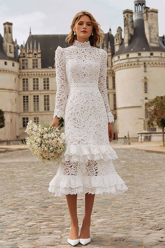 Robe de mariée sirène en dentelle ivoire à volants étagés pour mariage civil