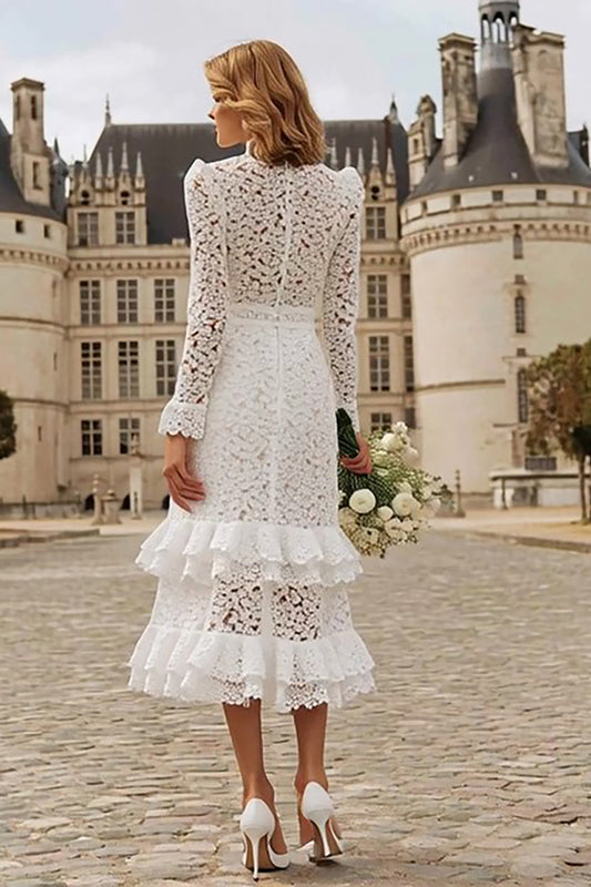 Robe de mariée sirène en dentelle ivoire à volants étagés pour mariage civil