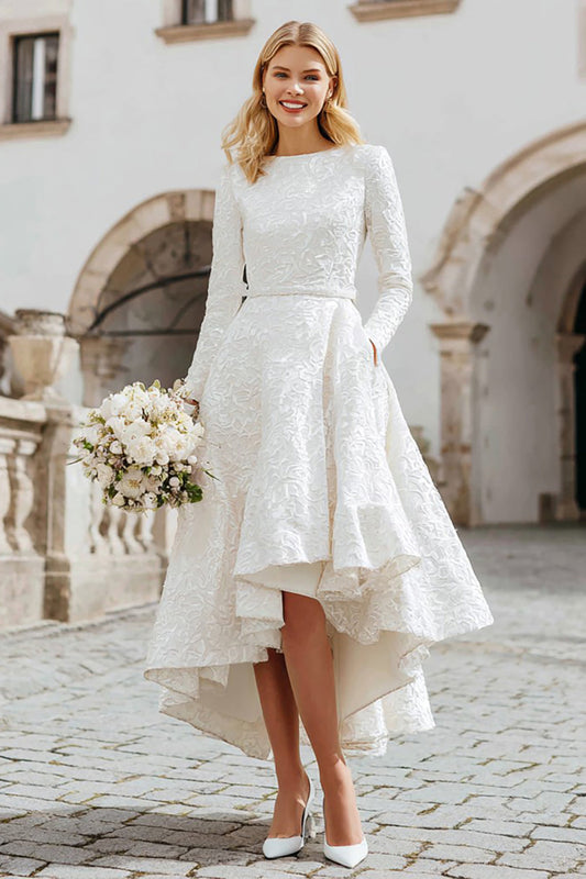 Robe de mariée coupe trapèze en jacquard ivoire à encolure bateau pour mariage civil