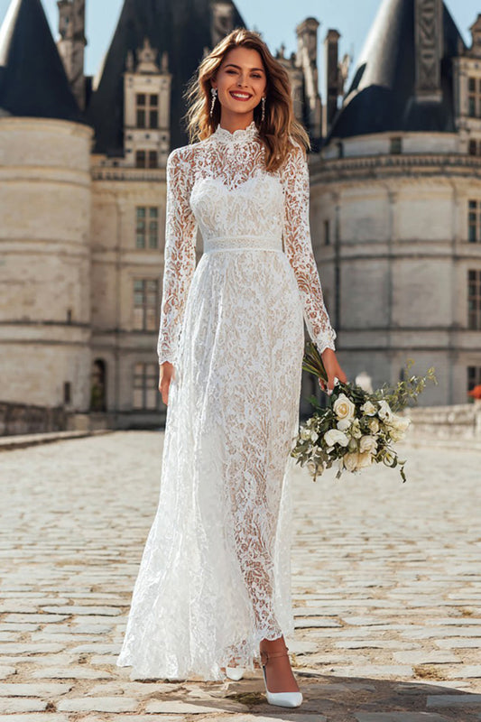 Robe de réception de mariage longue en dentelle ivoire à col montant