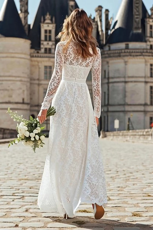 Robe de réception de mariage longue en dentelle ivoire à col montant