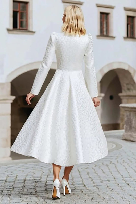 Robe de mariée A-Line jacquard ivoire à col rond, pour mariage civil