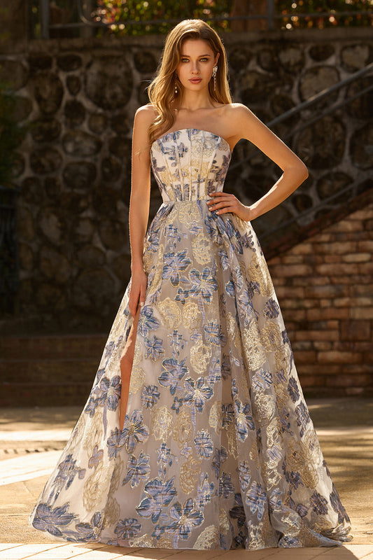 Strapless Dusty Blue Corset A-Line Floral Brocade Long Prom Dress with Slit