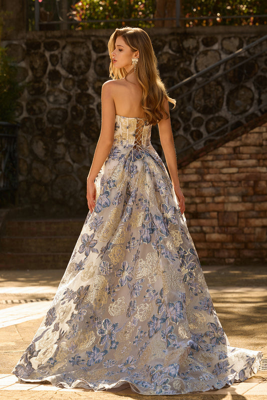 Strapless Dusty Blue Corset A-Line Floral Brocade Long Prom Dress with Slit