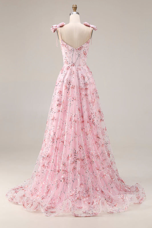 Sparkly Pink A-Line Floral Sequins Long Prom Dress with Bows
