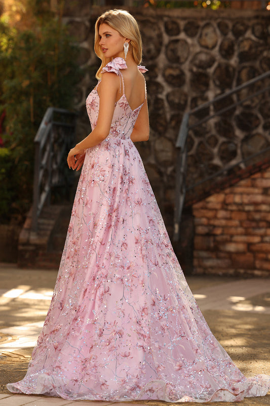 Sparkly Pink Floral A-Line Sequin Long Prom Dress with Bows