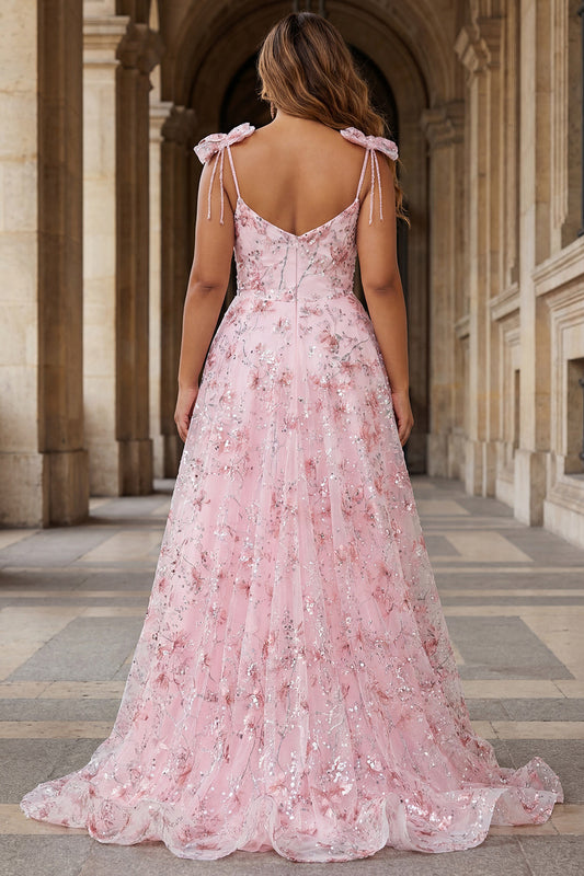 Sparkly Pink A-Line Floral Sequins Long Plus Size Prom Dress with Bows