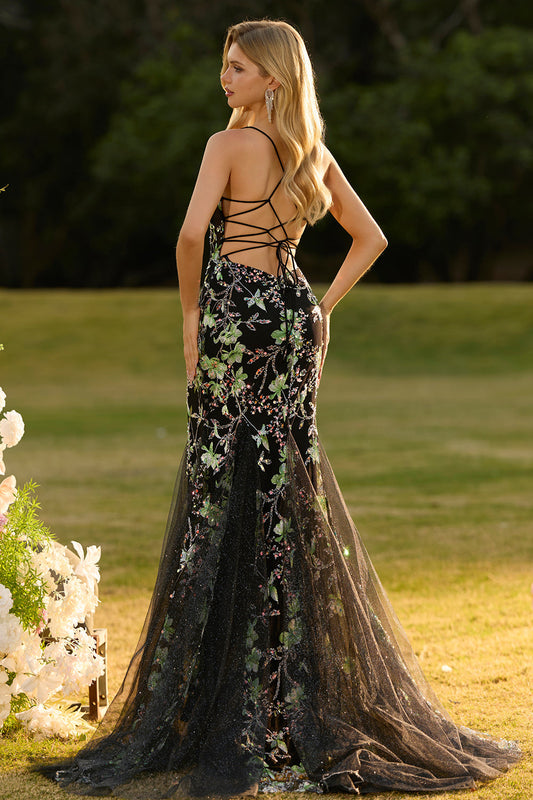 Black Mermaid Corset Sequins Floral Long Prom Dress with Lace Up Back