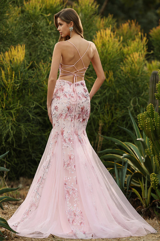 Pink Corset Floral Mermaid Lace Up Back Long Prom Dress with Sequins