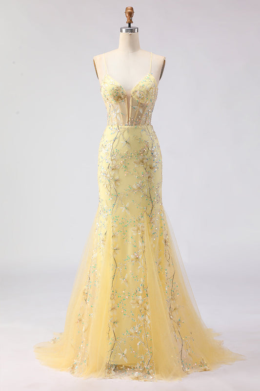 Robe de bal longue sirène jaune corset laçage au dos broderie florale à paillettes