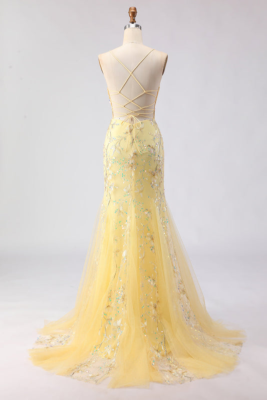 Robe de bal longue sirène jaune corset laçage au dos broderie florale à paillettes