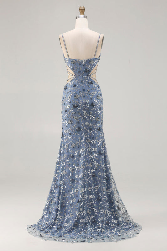Robe de bal longue sirène bleu poussiéreux à paillettes perlées avec fente