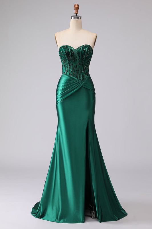 Robe de bal sirène vert foncé bustier corset plissé pailleté avec fente et laçage au dos