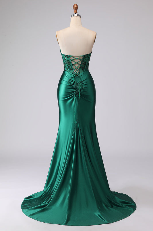 Robe de bal sirène vert foncé bustier corset plissé pailleté avec fente et laçage au dos