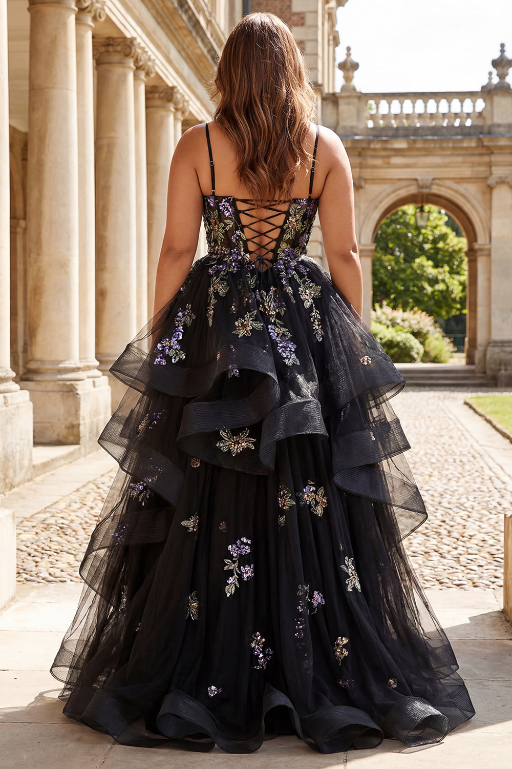Black Flower Sequins Long Plus Size Prom Dress with Ruffles