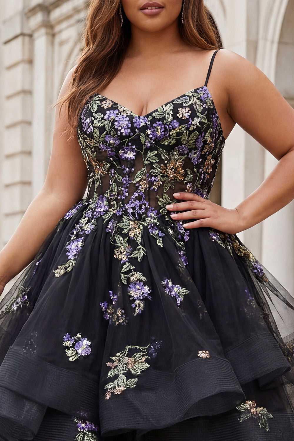 Black Flower Sequins Long Plus Size Prom Dress with Ruffles