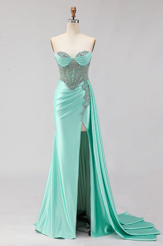Robe de bal longue bustier sirène vert menthe ornée de perles avec fente