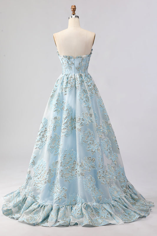 Vestido largo de fiesta jacquard azul claro corsé sin tirantes con abertura