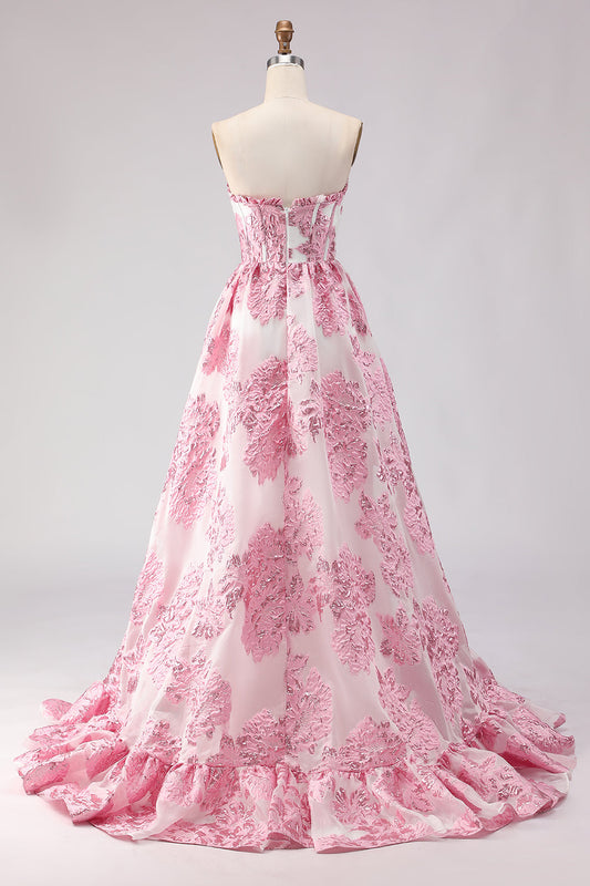 Strapless A Line Pink Jacquard Corset Long Prom Dress with Slit