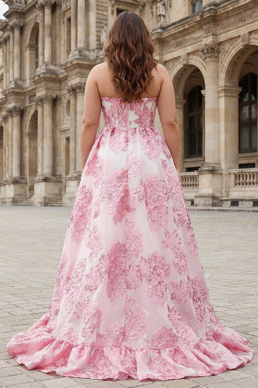 Pink Jacquard Strapless A Line Corset Long Plus Size Prom Dress with Slit