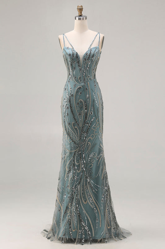 Robe de bal longue sirène grise-verte brillante perlée et pailletée