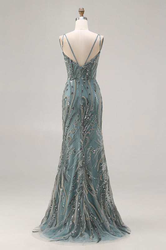 Robe de bal longue sirène grise-verte brillante perlée et pailletée