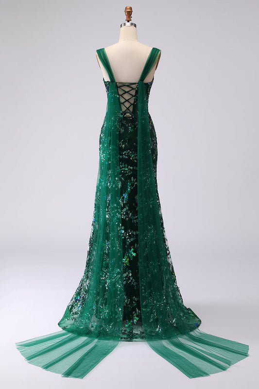Robe longue de bal vert foncé sirène à sequins avec laçage au dos et fente