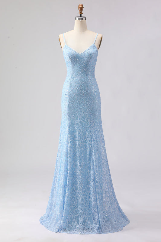Robe longue de bal bleu ciel avec bretelles spaghetti, sequins et laçage au dos
