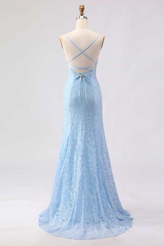 Robe longue de bal bleu ciel avec bretelles spaghetti, sequins et laçage au dos