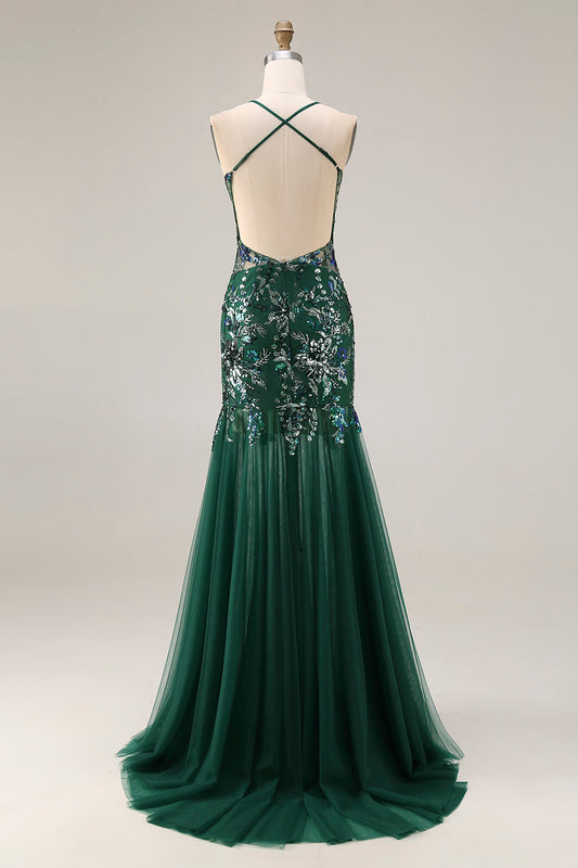 Robe de bal longue fourreau vert foncé scintillant à dos ouvert avec sequins