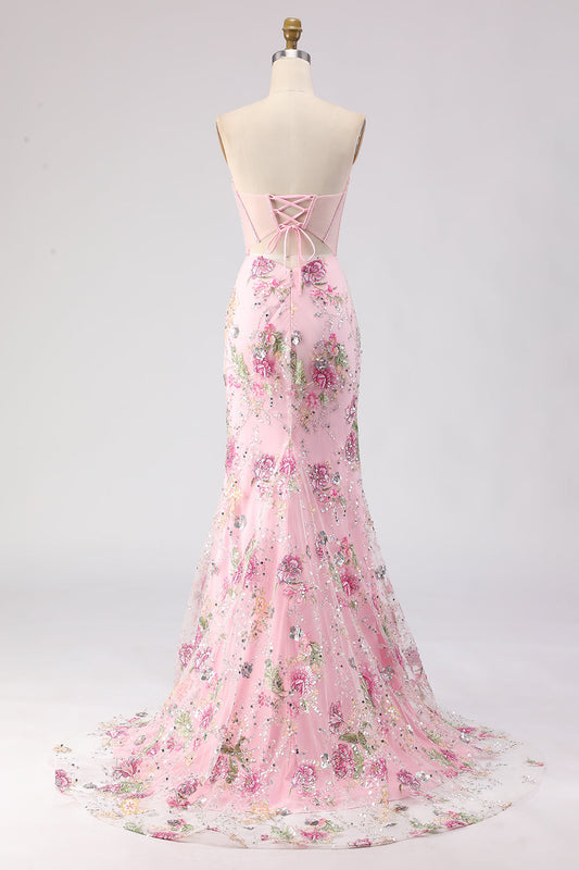 Pink Strapless Mermaid Beaded Corset Sequin Long Prom Dress with Slit