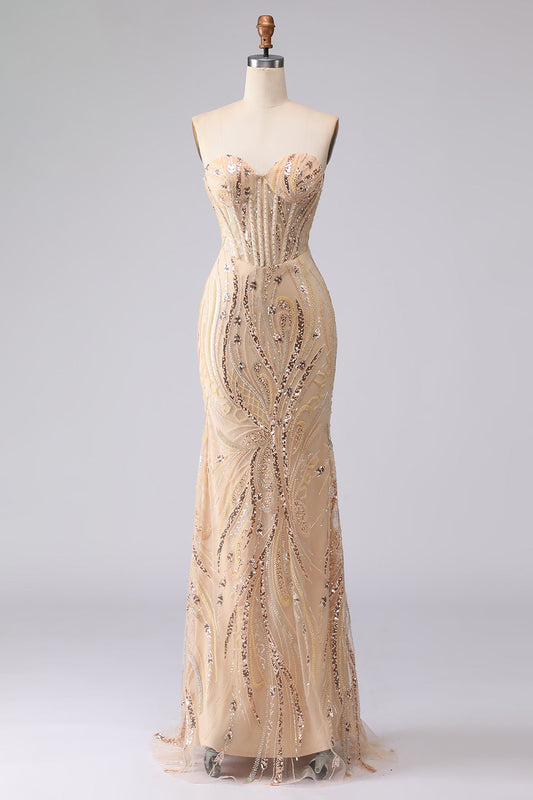 Robe de bal longue champagne sirène bustier ornée de perles et de sequins avec laçage au dos
