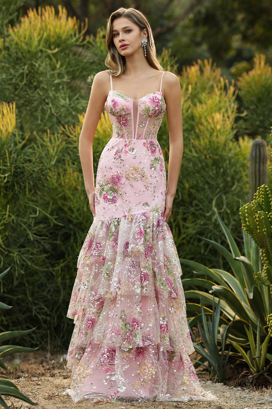 Pink Mermaid Tiered Ruffle Sequin Long Floral Prom Dress with Slit