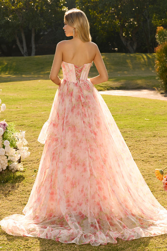 Pink A Line Beaded Strapless Corset Printed Floral Long Prom Dress with Ruffles