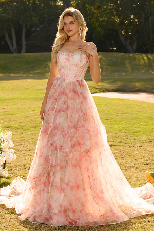 Pink A Line Beaded Strapless Corset Printed Floral Long Prom Dress with Ruffles